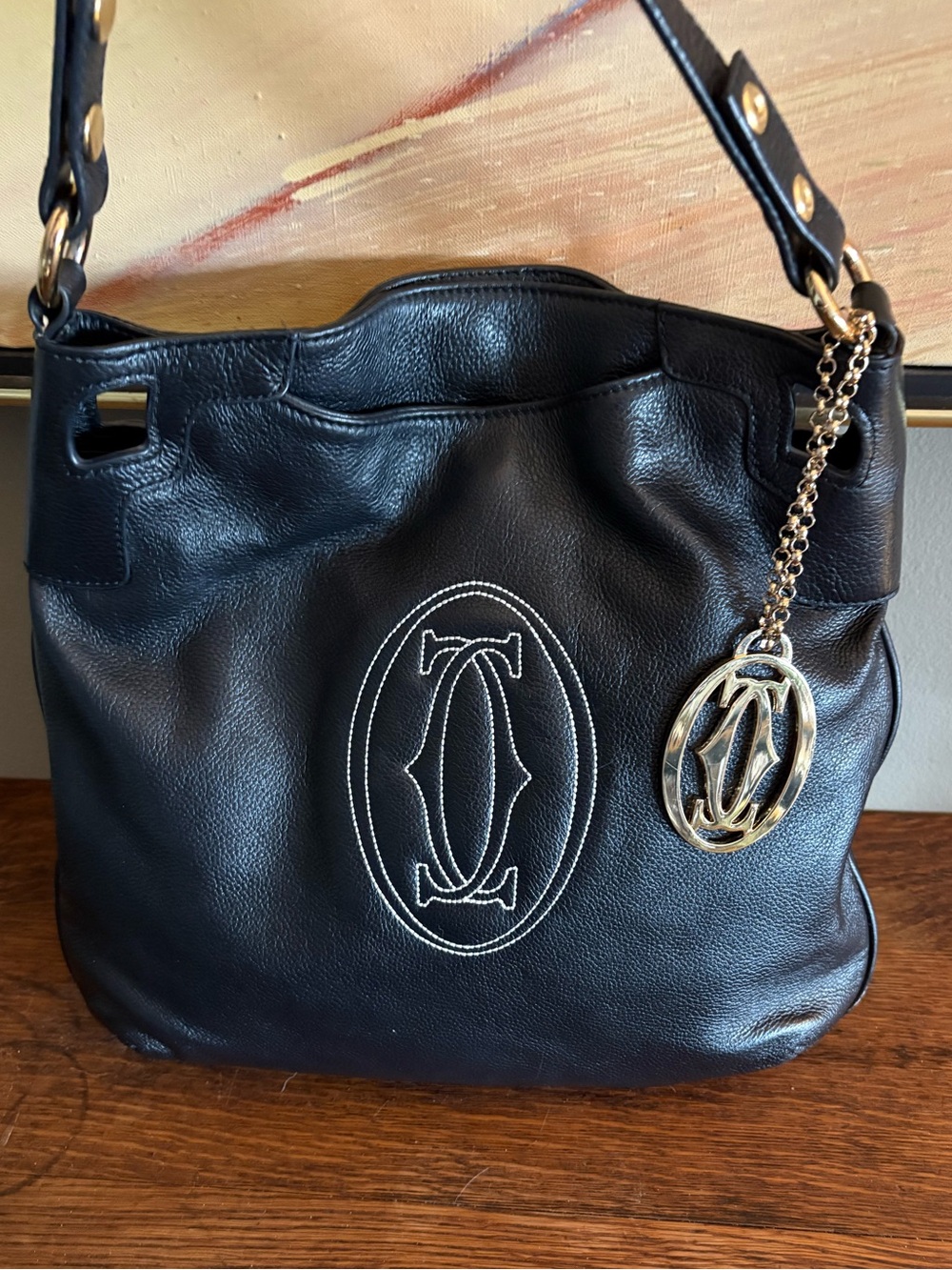 Cartier Marcello Black Leather Crossbody Shoulder Bag with Logo Charm Y2K